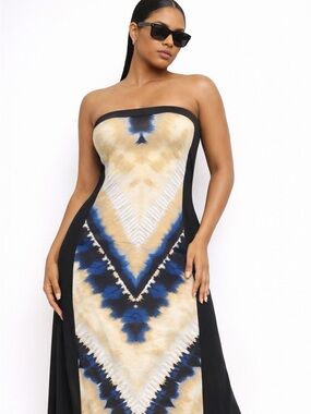 Strapless Blue and Cream Printed Maxi Dress with Black Panels